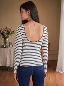 SHEIN Frenchy 螺紋針織條紋印花T恤 - 黑與白 - 查看 4