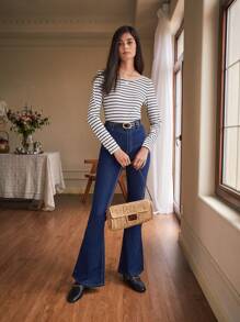 SHEIN Frenchy 螺紋針織條紋印花T恤 - 黑與白 - 查看 5