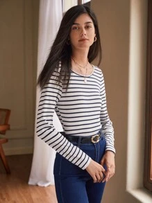 SHEIN Frenchy 螺紋針織條紋印花T恤 - 黑與白 - 查看 6