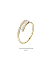 水鑽和人造珍珠裝飾開口戒指 - 彩色 - 查看 3