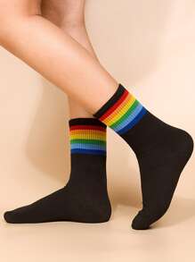 2雙彩虹條紋中筒襪 - 黑與白 - 查看 2
