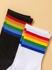 2雙彩虹條紋中筒襪 - 黑與白 - 查看 4