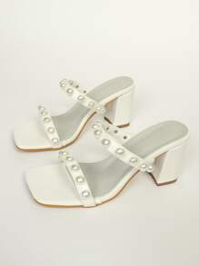 Faux Pearl Decor Chunky Heeled Mule Sandals - Beige - View 2