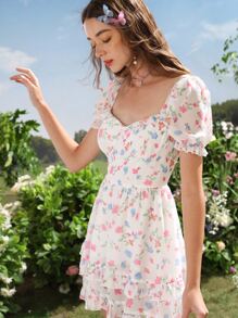 SHEIN Unity Allover Floral Print Puff Sleeve Sweetheart Neck Ruffle Trim Dress - Multicolor - View 6