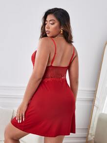 Đầm mặc nhà Kích Thước Lớn Lộ Lưng Tương phản ren màu trơn Gợi cảm - Màu Đỏ Sâu - Xem 2