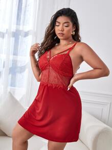 Đầm mặc nhà Kích Thước Lớn Lộ Lưng Tương phản ren màu trơn Gợi cảm - Màu Đỏ Sâu - Xem 4