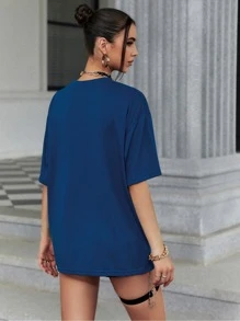 SHEIN EZwear Dragon And Slogan Graphic Drop Shoulder Tee - Blue - View 2