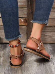 Leopard Print Suedette Ankle Strap Sandals - Brown - View 2