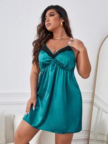 大碼拼接蕾絲緞面吊帶睡裙