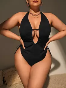 Summer Beach Plus Plunging Neck Drawstring Tie Side One Piece Swimsuit - Black - View 1
