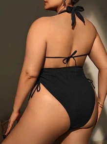 Summer Beach Plus Plunging Neck Drawstring Tie Side One Piece Swimsuit - Black - View 2