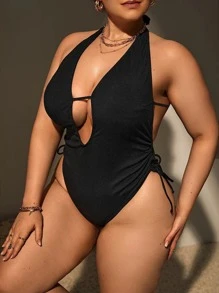 Summer Beach Plus Plunging Neck Drawstring Tie Side One Piece Swimsuit - Black - View 4