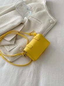 Mini Buckle Decor Flap Square Bag - Yellow - View 4