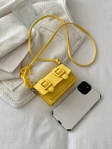 Mini Buckle Decor Flap Square Bag - Yellow - View 7