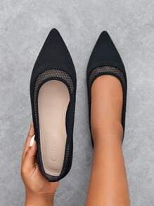 Contrast Mesh Point Toe Ballet Flats - Black - View 7