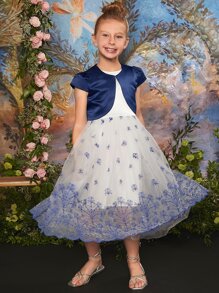 SHEIN Girls Puff Sleeve Jacket & Floral Embroidery Mesh Overlay Dress - Blue and White - View 1