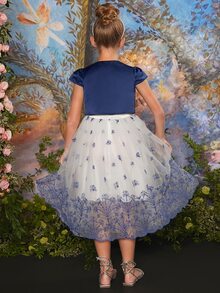 SHEIN Girls Puff Sleeve Jacket & Floral Embroidery Mesh Overlay Dress - Blue and White - View 2