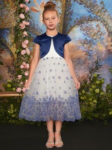 SHEIN Girls Puff Sleeve Jacket & Floral Embroidery Mesh Overlay Dress - Blue and White - View 3
