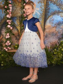 SHEIN Girls Puff Sleeve Jacket & Floral Embroidery Mesh Overlay Dress - Blue and White - View 4