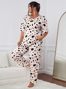 Plus Cow & Letter Graphic PJ Set - Baby Pink - View 3