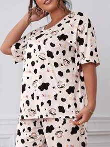 Plus Cow & Letter Graphic PJ Set - Baby Pink - View 4