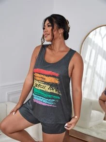 Plus LGBT Slogan & Brush Print PJ Set - Dark Grey - View 1