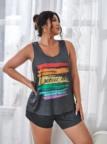 Plus LGBT Slogan & Brush Print PJ Set - Dark Grey - View 3