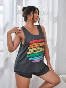 Plus LGBT Slogan & Brush Print PJ Set - Dark Grey - View 4