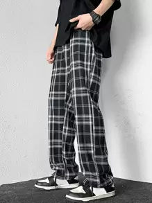 Manfinity Hypemode Hombres Pantalones de cintura con cordón de cuadros - Blanco y Negro - Ver 1