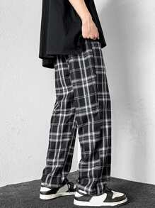 Manfinity Hypemode Hombres Pantalones de cintura con cordón de cuadros - Blanco y Negro - Ver 2