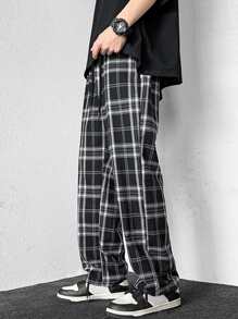 Manfinity Hypemode Hombres Pantalones de cintura con cordón de cuadros - Blanco y Negro - Ver 3