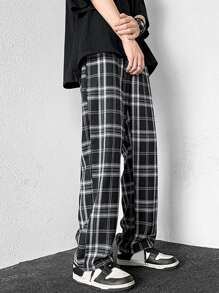 Manfinity Hypemode Hombres Pantalones de cintura con cordón de cuadros - Blanco y Negro - Ver 4