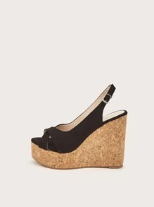 Elegant Black Court Wedge Shoes Women Faux Suede Peep Toe Slingback Wedge Shoes - Black - View 2