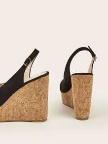 Elegant Black Court Wedge Shoes Women Faux Suede Peep Toe Slingback Wedge Shoes - Black - View 8