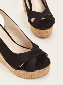 Elegant Black Court Wedge Shoes Women Faux Suede Peep Toe Slingback Wedge Shoes - Black - View 9