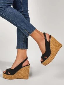 Elegant Black Court Wedge Shoes Women Faux Suede Peep Toe Slingback Wedge Shoes - Black - View 6
