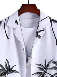 Manfinity RSRT 男士随机热带棕榈树印花图案休闲短袖衬衫不含 T 恤，适合度假男士沙滩衬衫 - 白色 - 查看 3