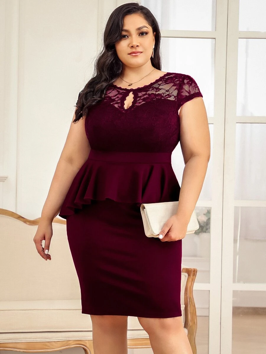 CurvySweet Plus Contrast Lace Keyhole Neckline Peplum Dress - Maroon - View 1