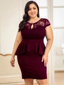 CurvySweet Plus Contrast Lace Keyhole Neckline Peplum Dress - Maroon - View 3