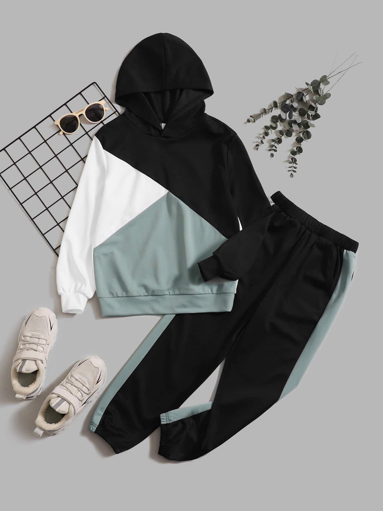 SHEIN Boys Colour Block Hoodie & Joggers - Multicolor - View 1