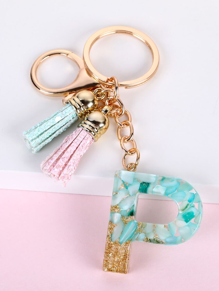 Letter & Tassel Charm Keychain - Multicolor - View 1