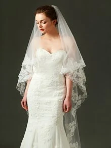 1 件白色刺绣蕾丝花边双层新娘婚纱头纱 - 米色 - 查看 1