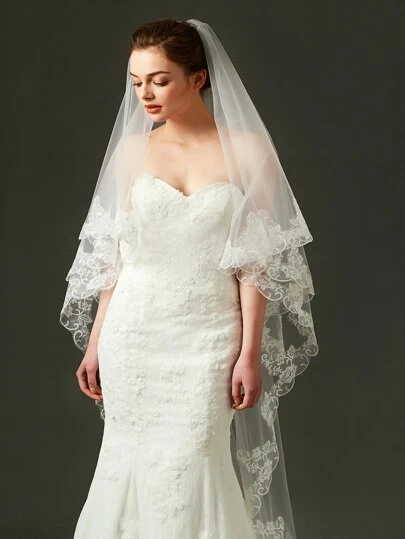 1 件白色刺绣蕾丝花边双层新娘婚纱头纱