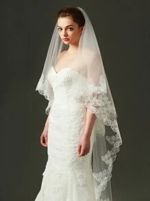 1 件白色刺绣蕾丝花边双层新娘婚纱头纱 - 米色 - 查看 3