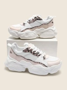 Snakeskin Print Lace-up Front Chunky Sneakers - Multicolor - View 2
