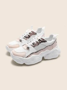 Snakeskin Print Lace-up Front Chunky Sneakers - Multicolor - View 3