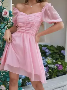 SHEIN Holidaya Vestido unicolor de manga farol escote corazón fruncido - Rosa Pálido - Ver 1