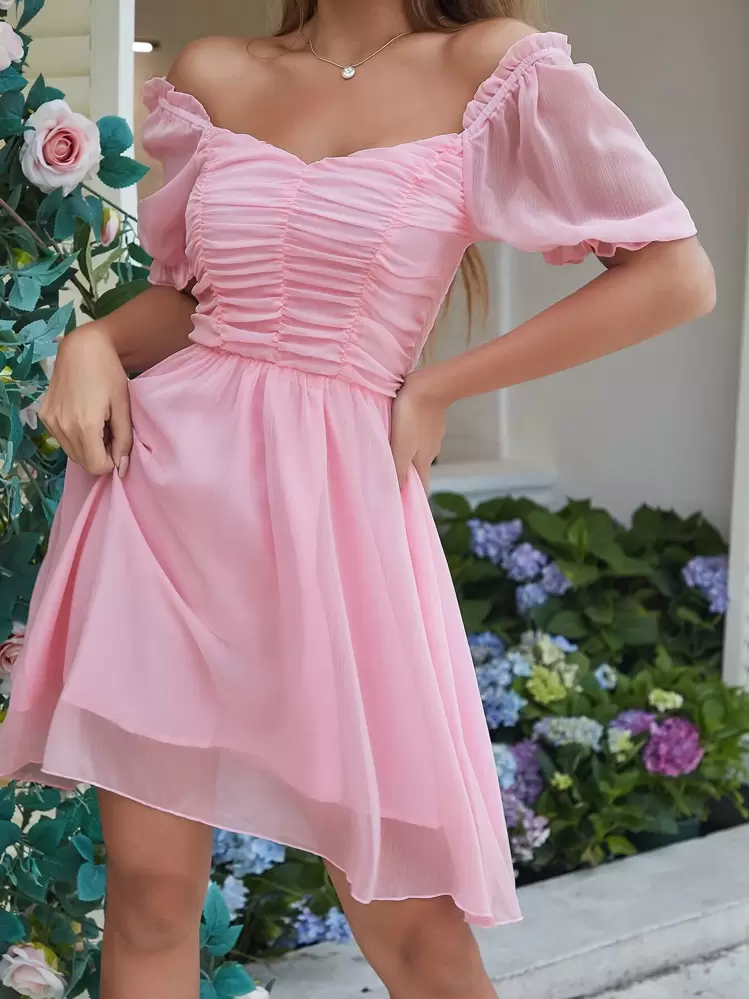 SHEIN Holidaya Solid Puff Sleeve Sweetheart Neck Ruched Dress - Baby Pink - View 1