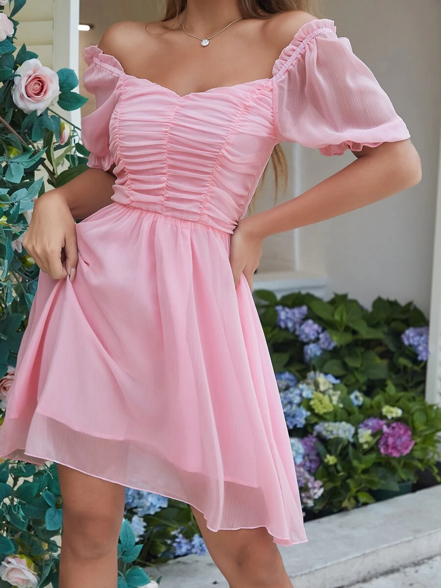 SHEIN Holidaya Vestido unicolor de manga farol escote corazón fruncido - Rosa Pálido - Ver 1