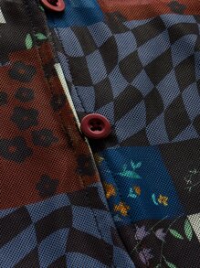 SHEIN MOD 色塊拼接圖案木耳邊不對稱下擺網紗襯衫 - 彩色 - 查看 3